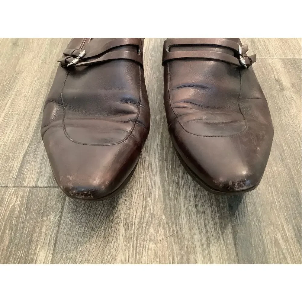 GUCCI Men's 12D Brown Leather Double Strap Slip On Loafers Shoes Italian V5-15
